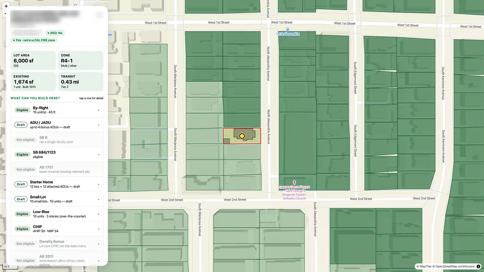 Brick Work map: an R4 lot near transit with its build options listed, CHIP up to 34 homes